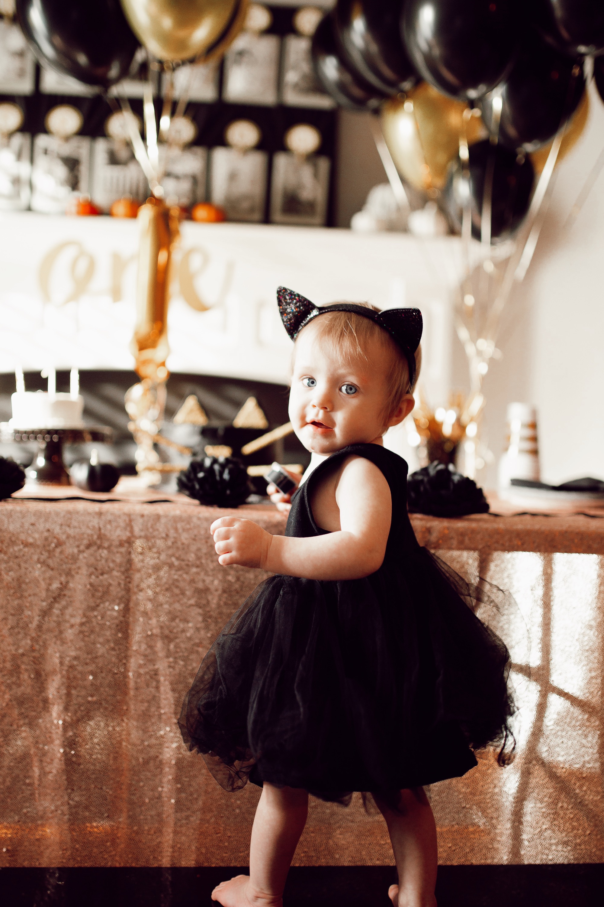 Baby girl first birthday black cat party theme.