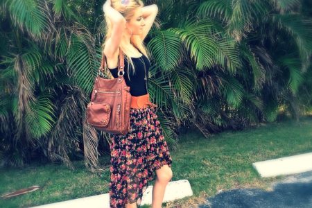 Fashion and lifestyle blogger Jessica Linn wearing a high-low floral skirt from Ross, peep toe heel boots by Guess, and staying at beaches in Florida.
