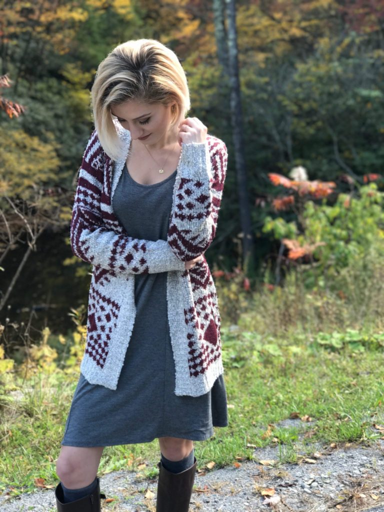 Fall Fashion Inspiration for Layering, (Dress Cardigan and Boots).