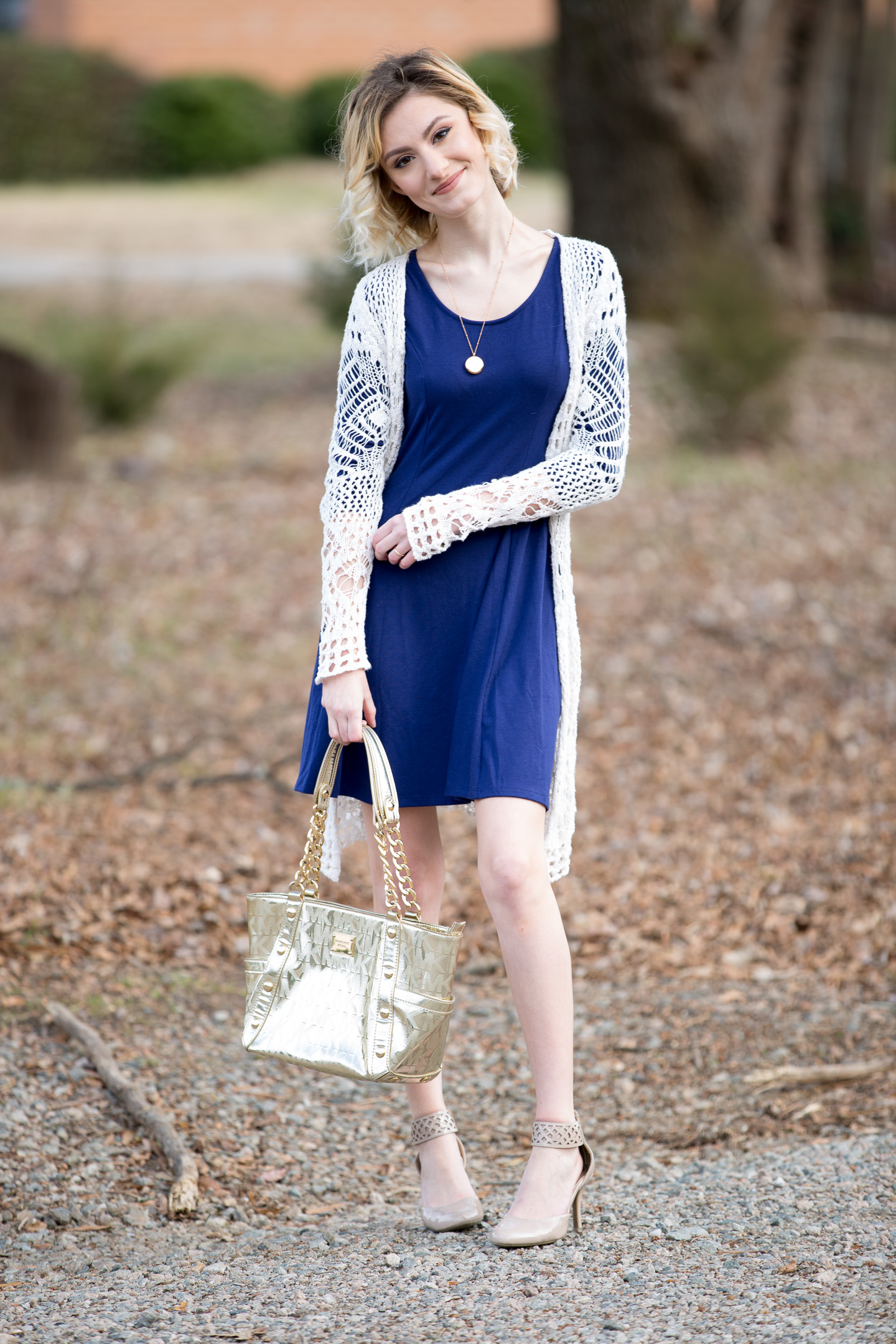 Winter Outfit Inspiration: Navy Blue Dress, Shawl, Heels, and more acce...