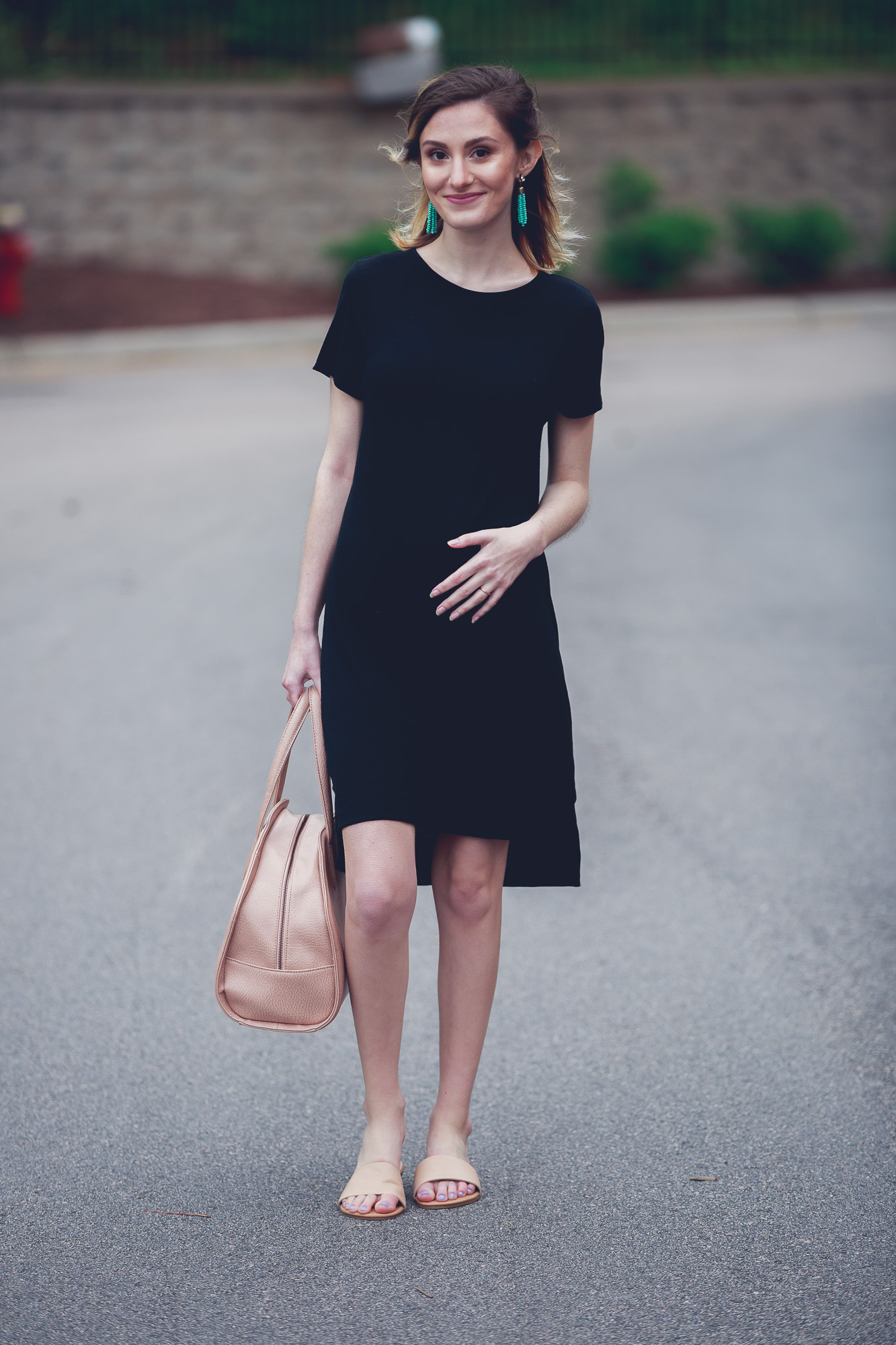 North Carolina lifestyle and fashion blogger, Jessica Linn, on Linn Style wearing a black t-shirt dress from Target, tan sandals from Forever21, Baublebar necklace, and carrying a Matt and Nat purse.