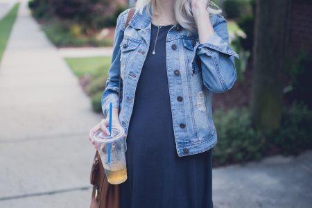 Lifestyle, fashion, and beauty blogger and vlogger Jessica Linn from Linn Style wearing a Forever21 t-shirt dress, and pair of blue shoes with embroidered florals and a denim jacket from Highway Jeans from Ross. Pregnant Maternity