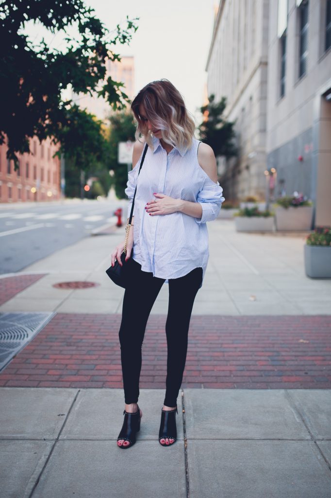 Cold Shoulders & Pinstripes - Edgy Fall Outfit Inspiration on Linn Style
