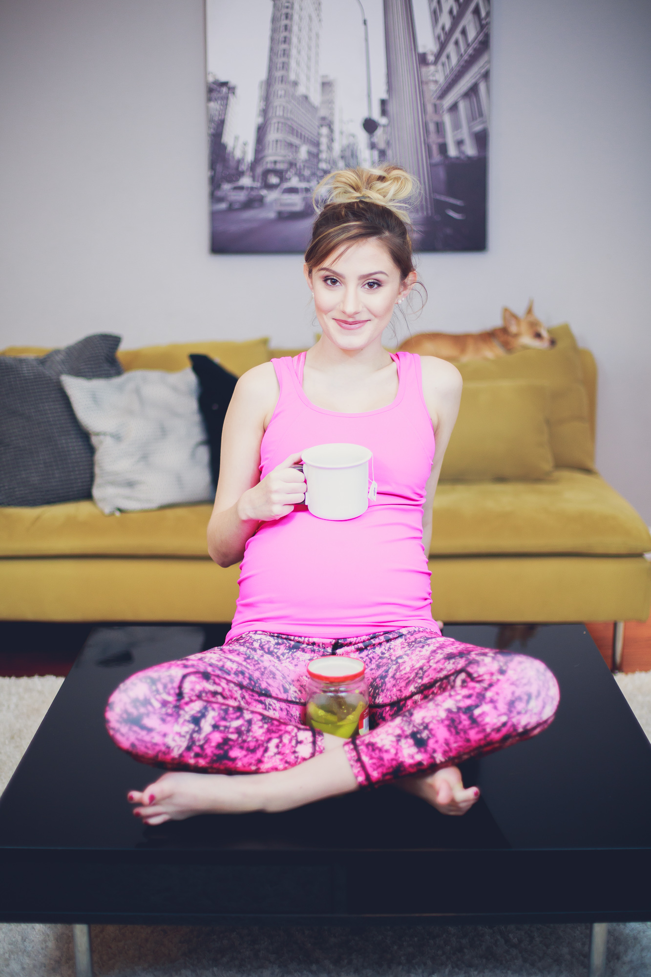 North Carolina Fashion, lifestyle, and beauty blogger Jessica Linn from Linn Style wearing POP! Maternity from Australia, a maternity fitness apparel company. Here are some pregnancy tips and tricks to help as you approach labor and to feel more comfortable. Yoga poses and tea to help prepare for an easier delivery.