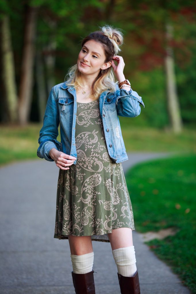 Olive This Dress- Fall Outfit Inspiration Layering Denim Over Olive Dress