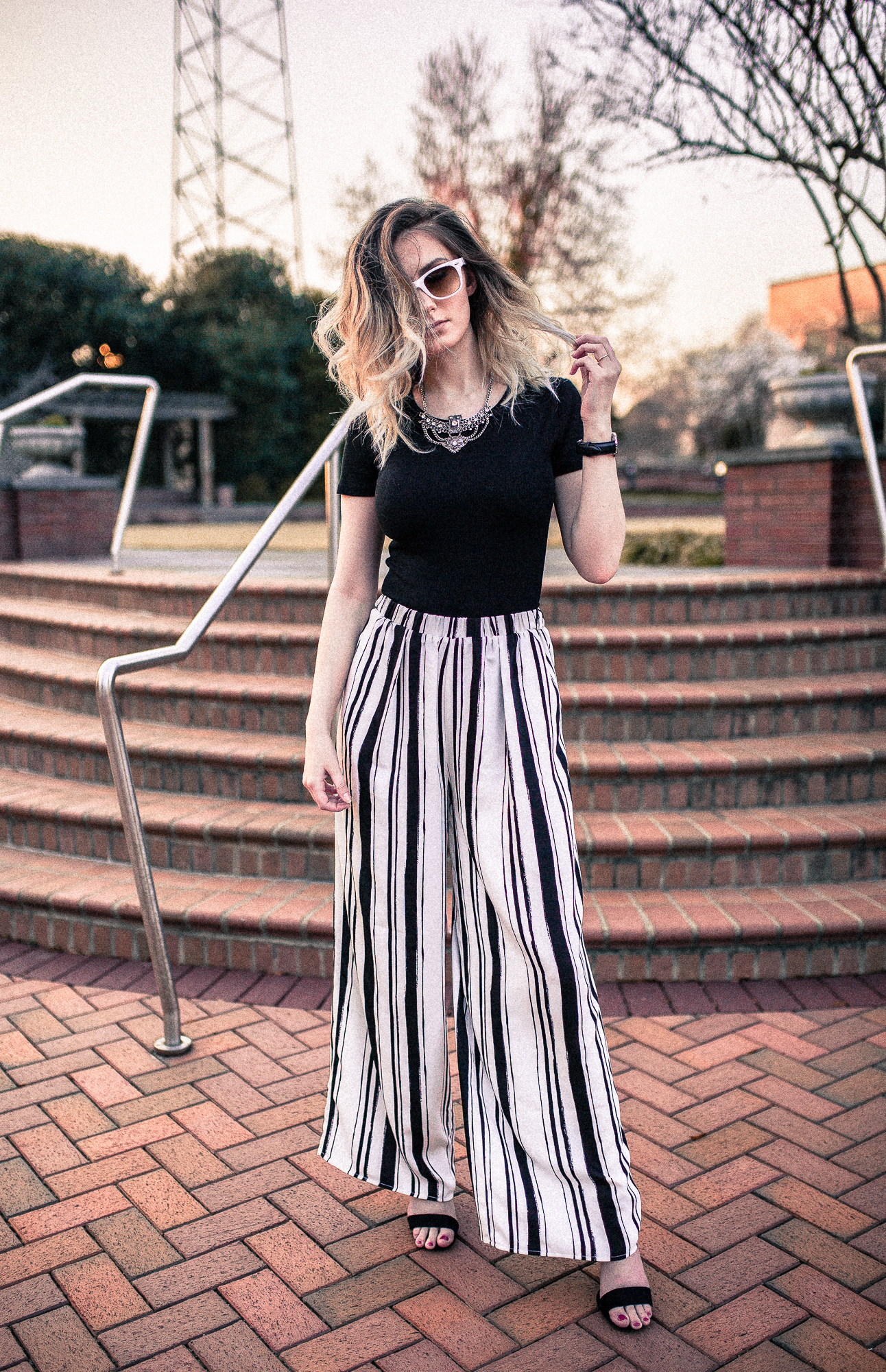 black and white palazzo pants outfit