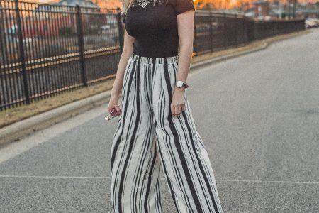 North Carolina fashion and lifestyle blogger Jessica Linn from Linn Style wearing a black Forever21 bodysuit and Forever21 black and white stripe palazzo pants. Paired with black faux suede strap sandal heels from ASOS, a Baublebar statement necklace from Target, a Welly Merck Roma watch, and Charming Charlie white sunglasses