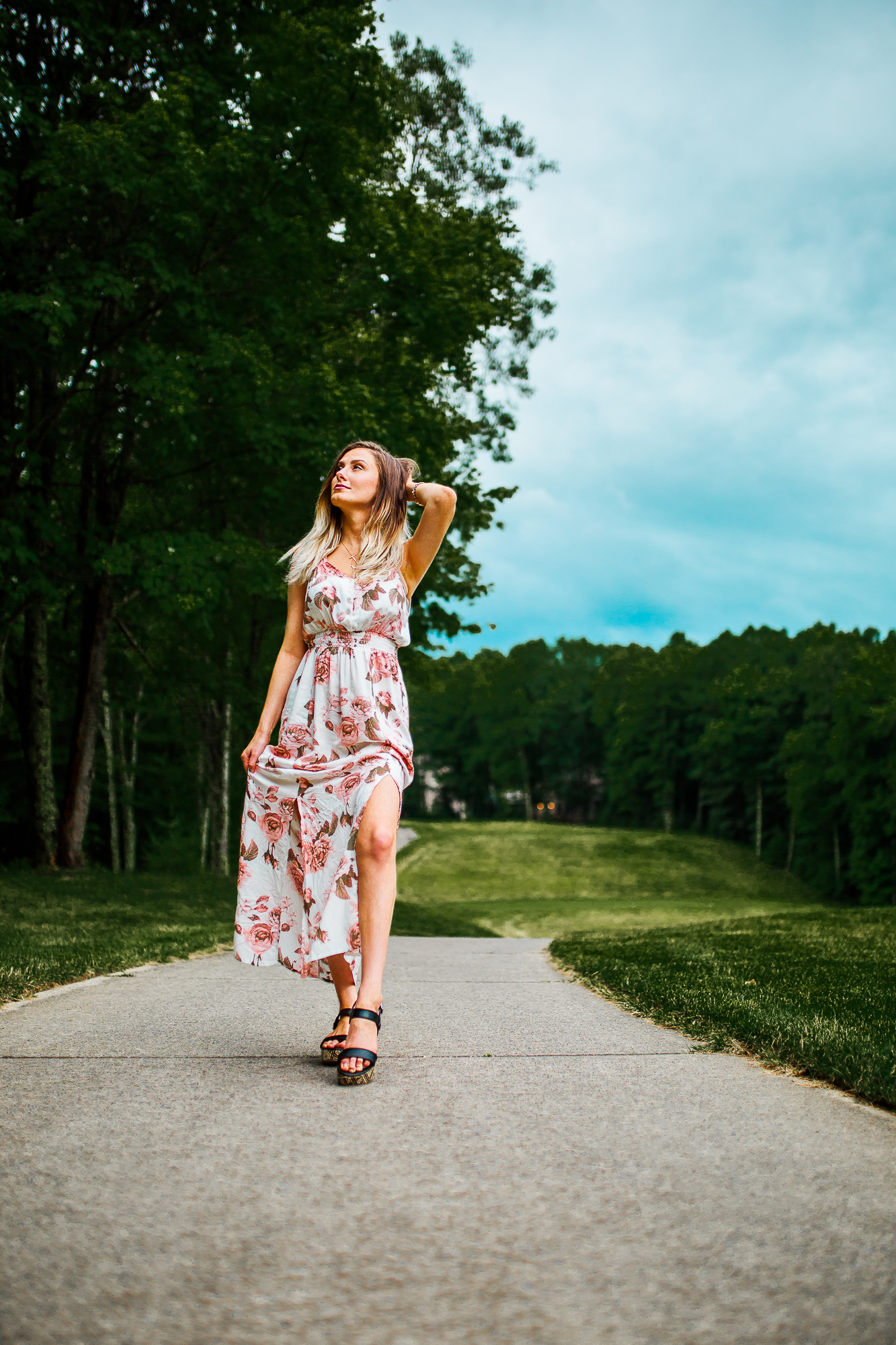 Summer Floral Print Maxi Dress, Leather Earrings, an dGold Initial Necklace | Summer Outfit Inspiration by North Carolina fashion and lifestyle blogger Jessica Linn 