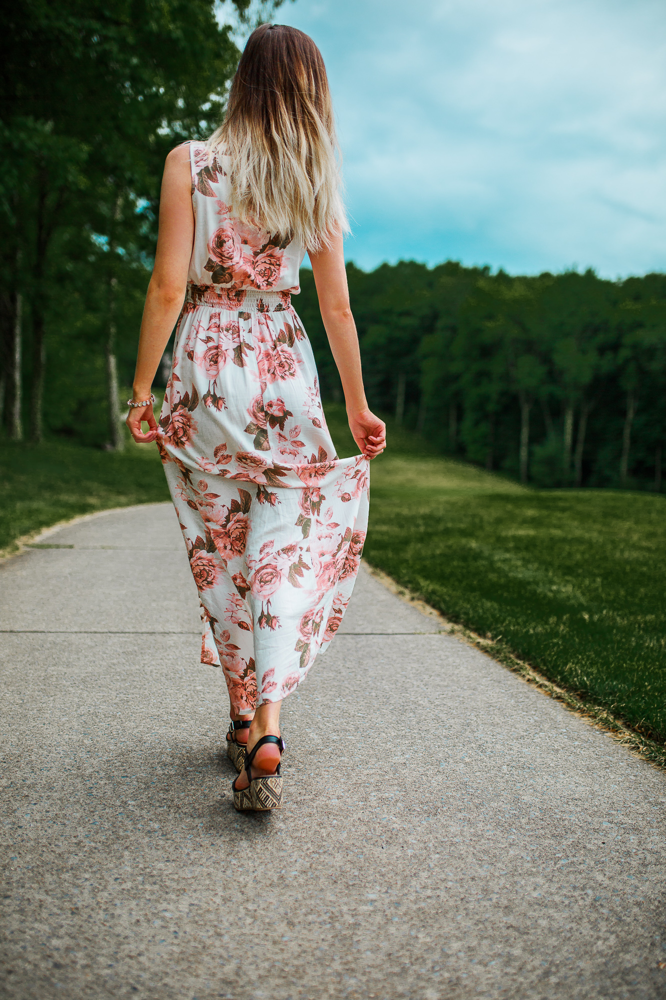 Summer Floral Print Maxi Dress, Leather Earrings, an dGold Initial Necklace | Summer Outfit Inspiration by North Carolina fashion and lifestyle blogger Jessica Linn 