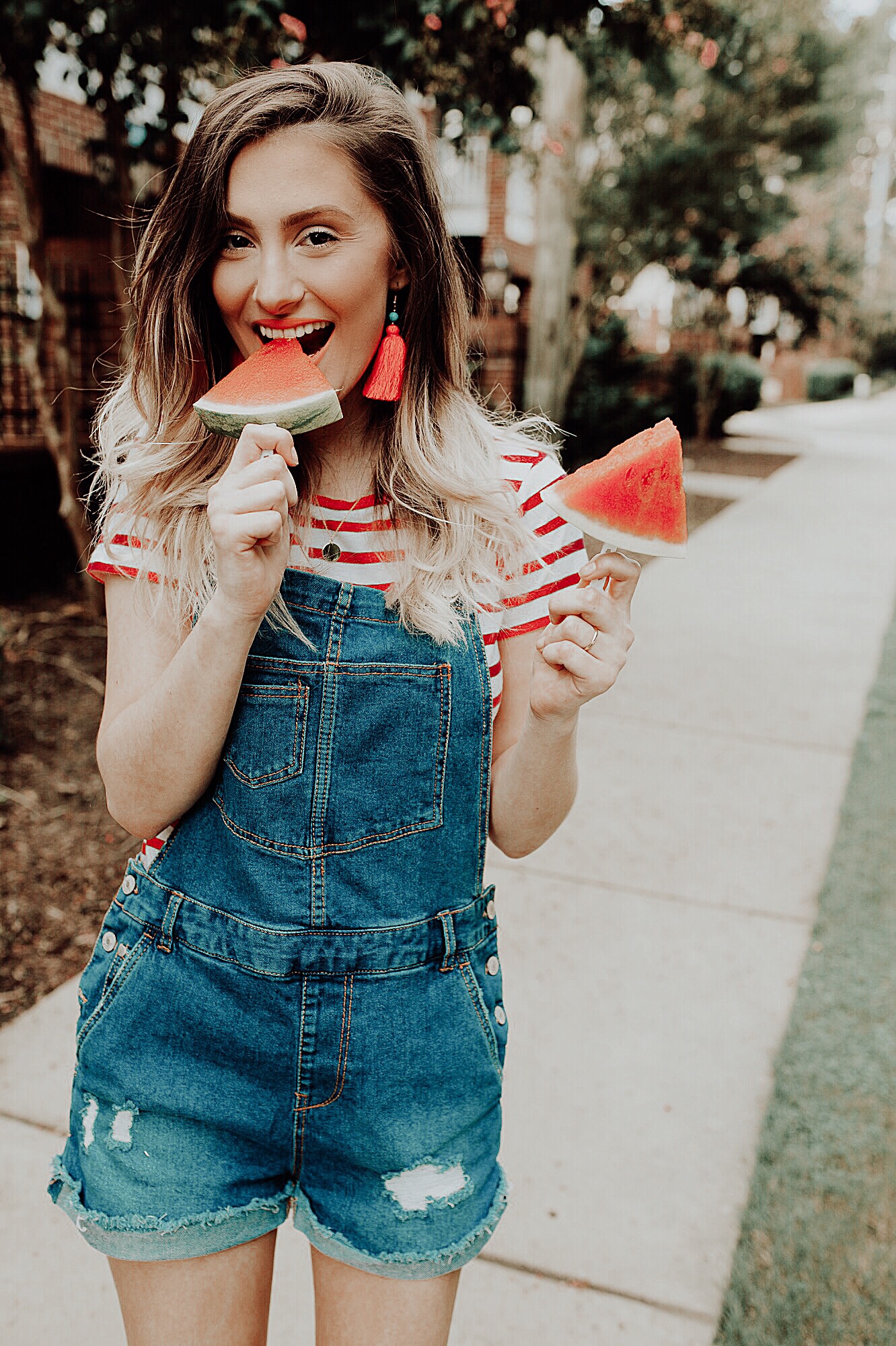 Watermelon recipes in celebration of National Watermelon Day by North Carolina fashion and lifestyle blogger Jessica Linn wearing Forever21 overalls.