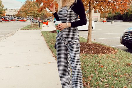 Fashion Inspiration by North Carolina fashion and lifestyle blogger Jessica Linn. Wearing a black and white checkered jumpsuit and white pointed toe boots.