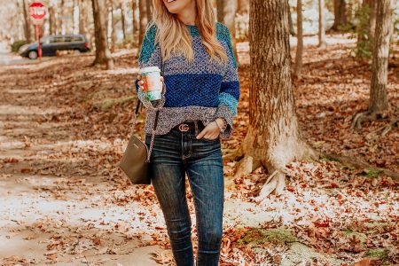 Jessica is wearing a Derek Lam 10 Crosby blue gradient knit sweater, American Eagle Next Level Super High-Waisted Jegging Crop, A New Day White Dominque Kitten heel Booties from Target.