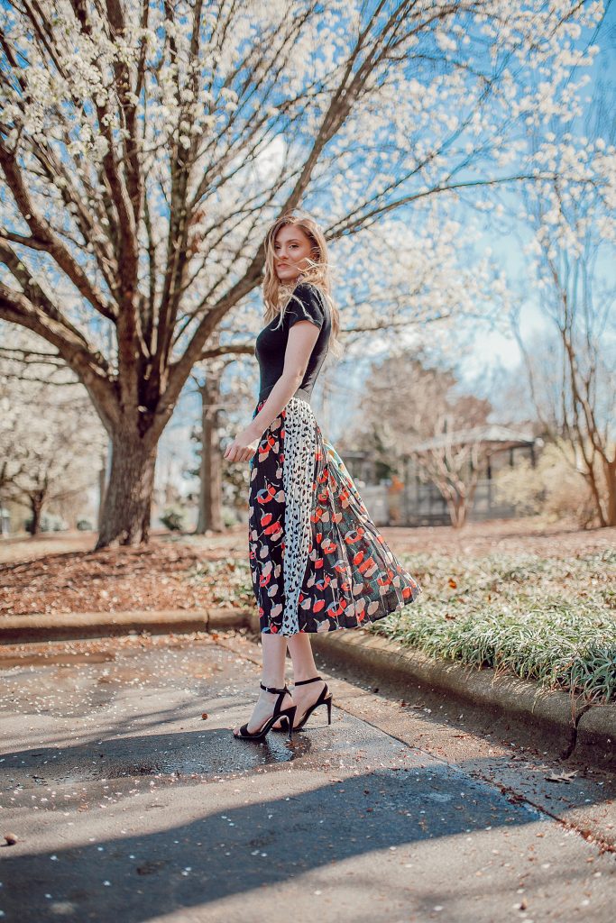 Mixed Print Midi Skirt | Trendy Spring Outfit by North Carolina fashion and lifestyle blogger Jessica Linn.