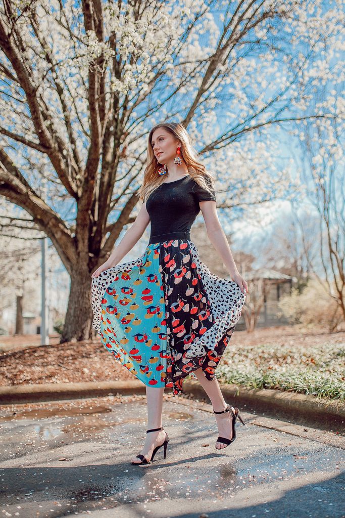 Mixed Print Midi Skirt | Trendy Spring Outfit by North Carolina fashion and lifestyle blogger Jessica Linn.