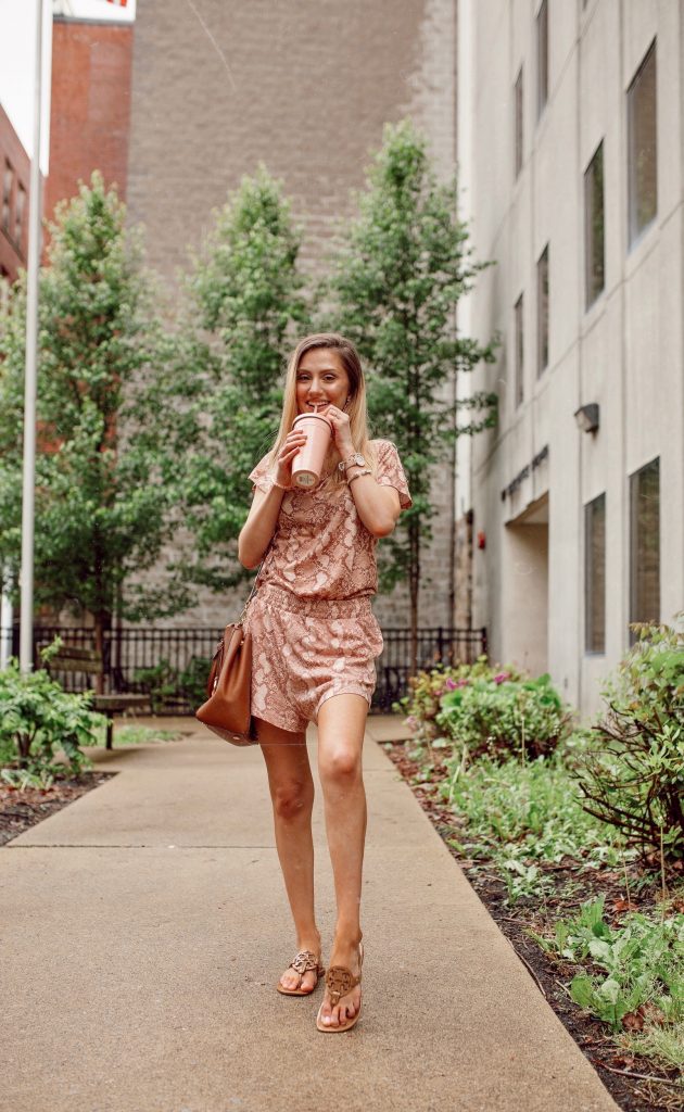 Pink Snake Print H&M Outfit With Personalized Initial Jewelry by North Carolina fashion and lifestyle blogger Jessica Linn. oNecklace Sideways initial necklace. 