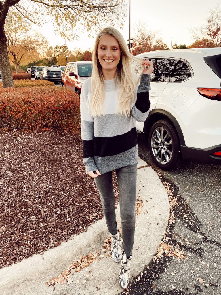 Winter Maternity Fashion Tips by Jessica Linn | Linn Style | Gray sweater from Walmart, maternity jeans from Target, Snake skin print boots from Walmart