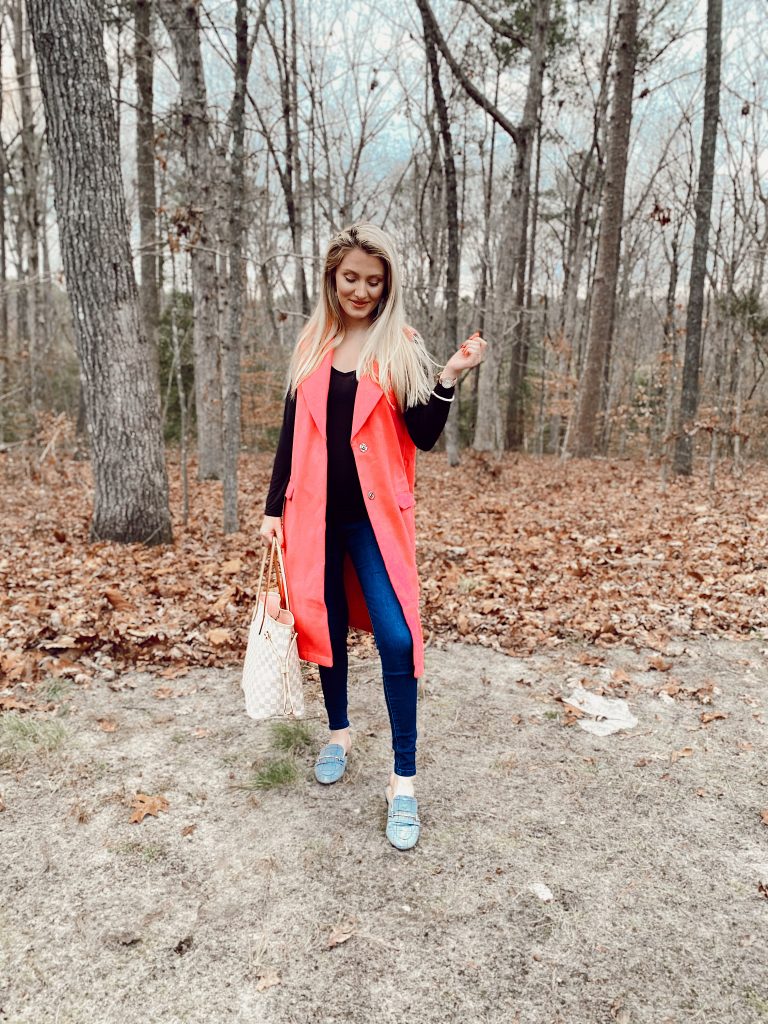 Winter Maternity Fashion Tips by Jessica Linn | Linn Style | Maternity jeans from Target, Pink coat vest from Shein, plaid flats from Target, Black long sleeve shirt from Uniqlo and Louis Vuitton Neverfull bag