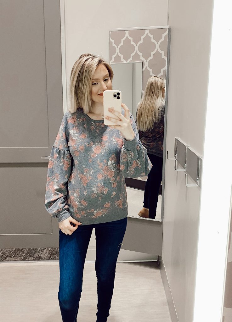 Knox Rose Floral Print Crewneck Sweatshirt in Gray $24.99 Target Non-maternity sweater try-on and review while pregnant by Jessica Linn