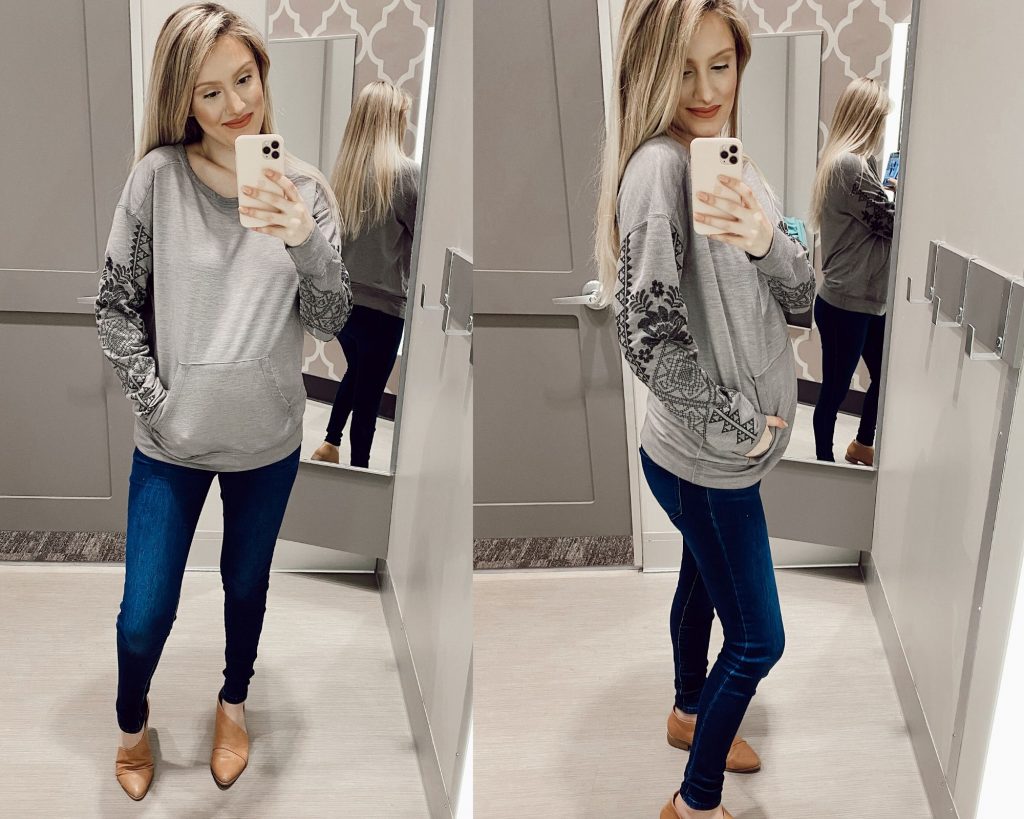 Knox Rose Crewneck Sweatshirt in Gray $29.99 Non-maternity sweatshirt try-on while pregnant with Jessica Linn