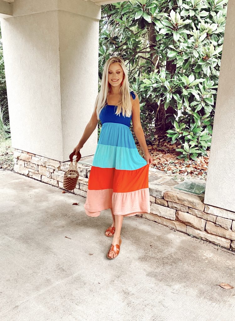 Tie Shoulder Dresses For Summer | by North Carolina fashion blogger Jessica Linn Rainbow shirred cut and sew cami tie shoulder dress from Shein