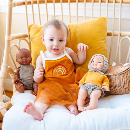 Minikan baby doll review. Trendy orange rainbow embroidered baby girl onesie with tulle skirt
