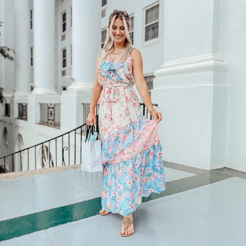 What I Wore To The Greenbrier In May by Jessica Linn wearing a pastel pink and blue floral print maxi dress with ruffles from Copper Bloom online womens boutique